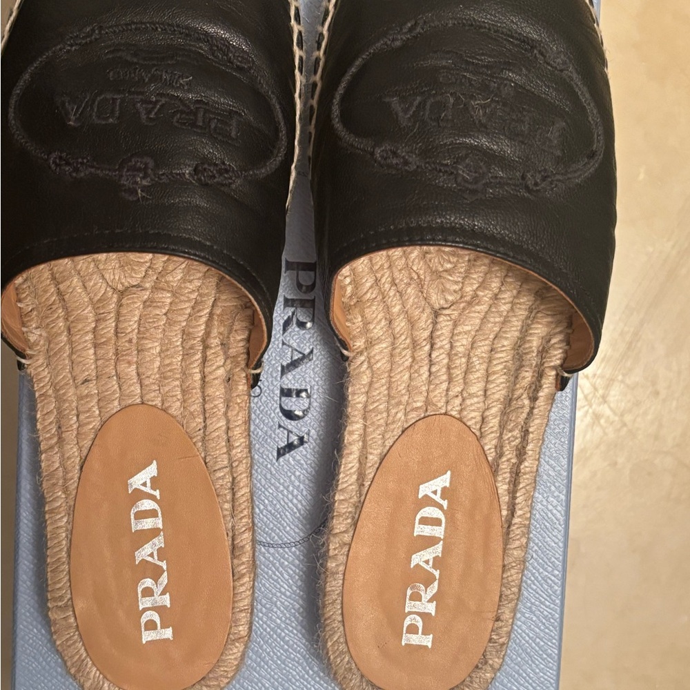 Prada Black Leather Espadrille Mules